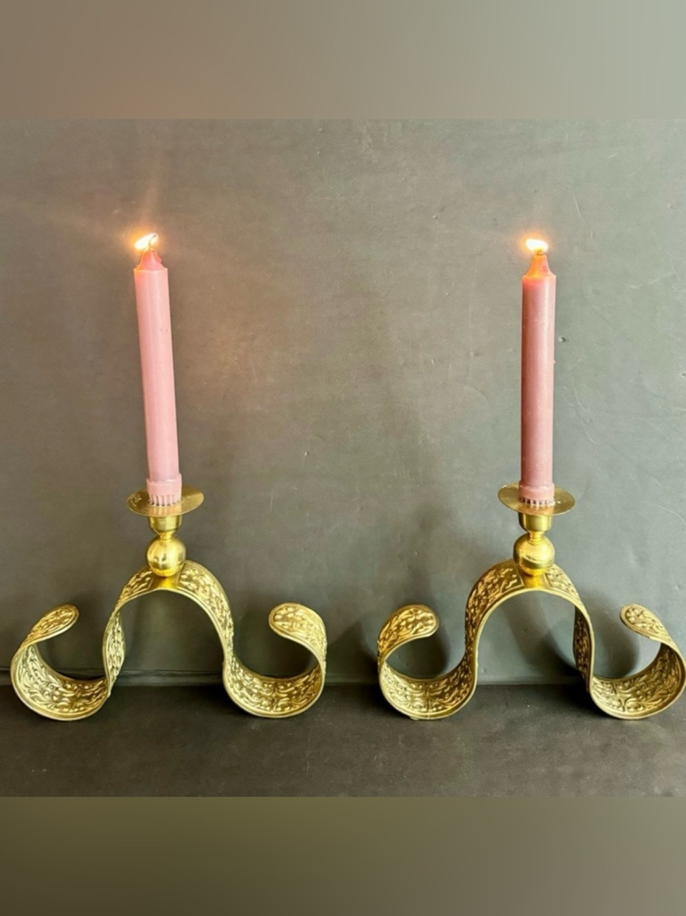 2 Vtg. Brass MCM Embossed ribbon candle holders.Gold in color.